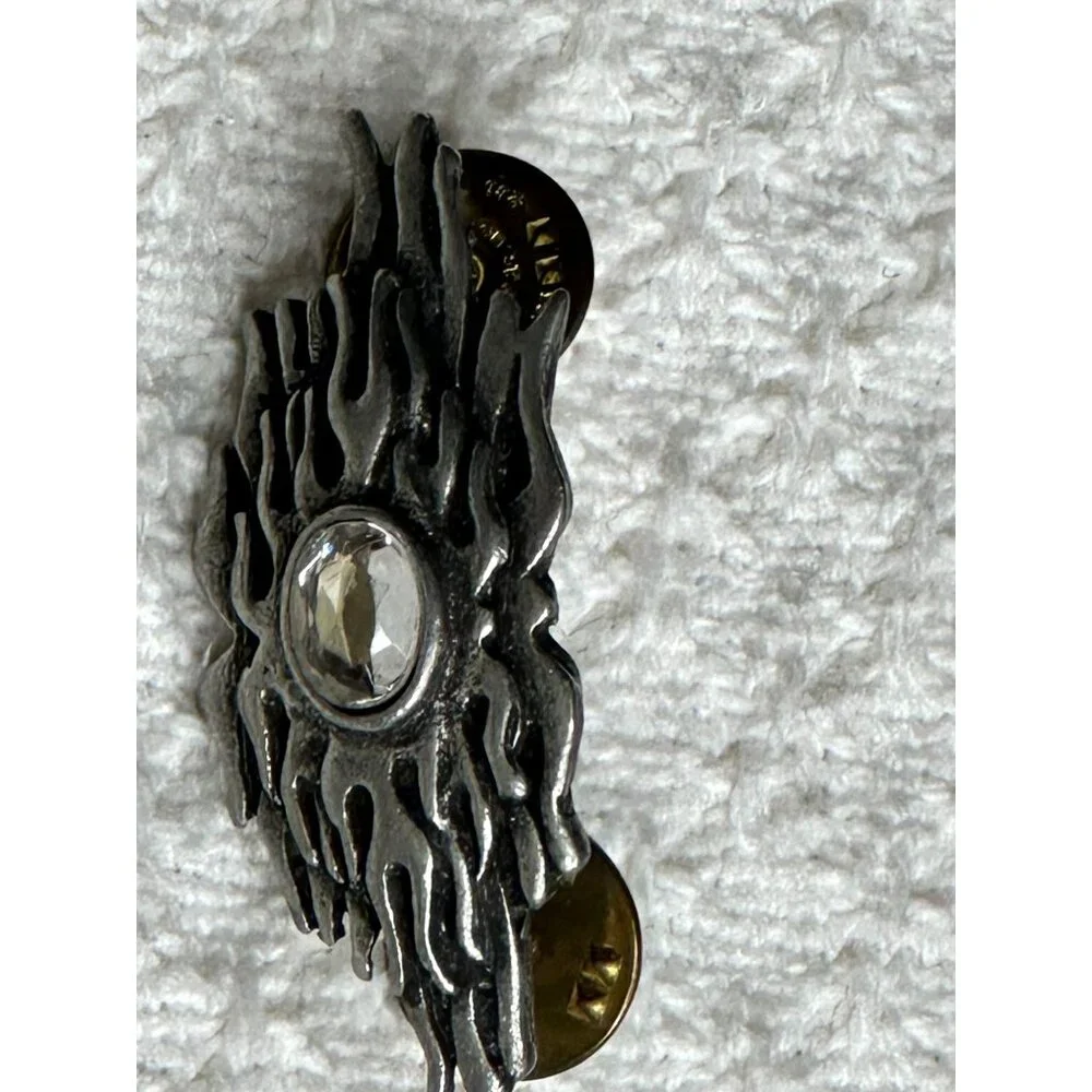Flaming Sunburst Silver Tone Lapel Pin With Clear Gem Dual Clutches Motorcycle - Picture 2 of 6